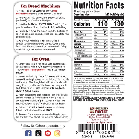 Southwest Potato Bread Mix Back Label