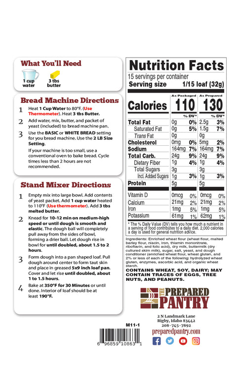 The Prepared Pantry Buttermilk White Bread Mix Back Label