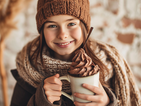 Little Girl Smiling while Holding a Chocolate Drink