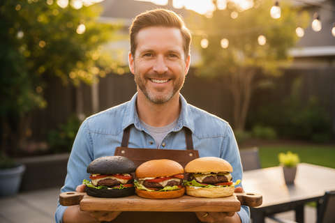 Dad smiling with burger platter showing three bun varieties