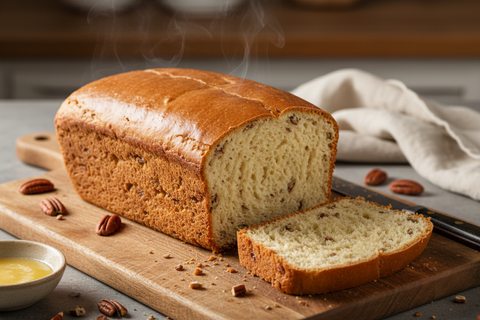 homemade butter pecan yeast bread, rectangular loaf shape, no nuts on top