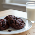 Plump dark fudgy cranberry breakfast cookies on a white plate with a glass of milk in bright morning light