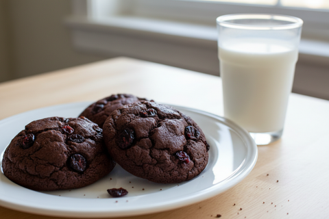Plump dark fudgy cranberry breakfast cookies on a white plate with a glass of milk in bright morning light