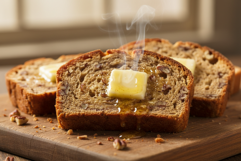sliced butter pecan homemade bread toasted with butter melting