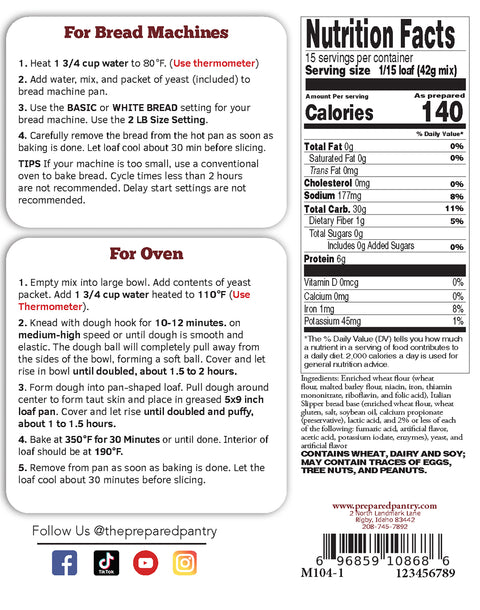 The Prepared Pantry Italian Country Bread Mix Back Label