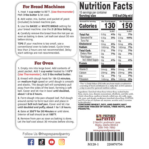 Sunflower Whole Wheat Bread Mix Back Label