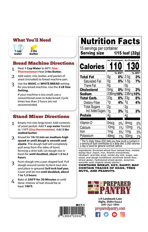 Country Farm White Bread Mix Back Label