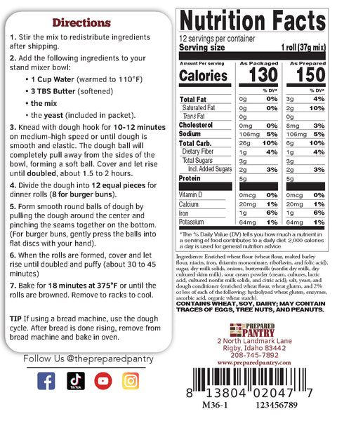 The Prepared Pantry Sour Cream Onion Gourmet Roll Mix Nutrition Facts