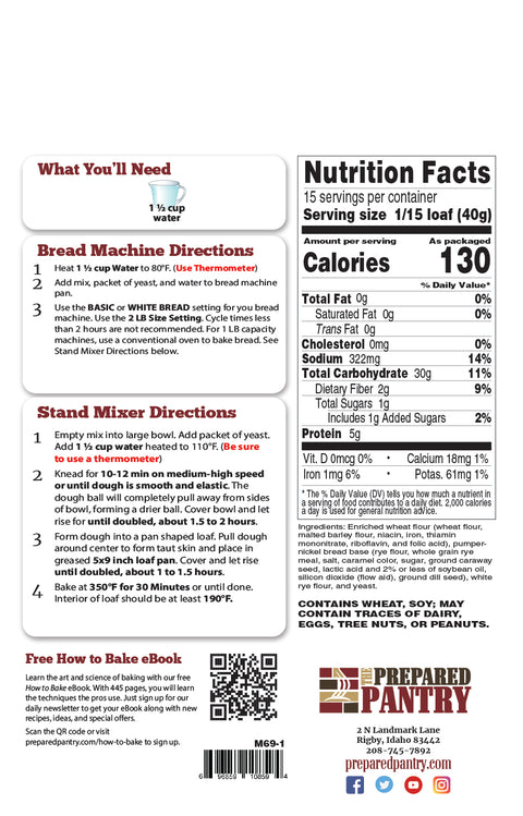 Black Russian (Pumpernickel) Bread Mix Back Label