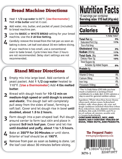 The Prepared Pantry Honey Whole Wheat Bread Machine Mix Back Label