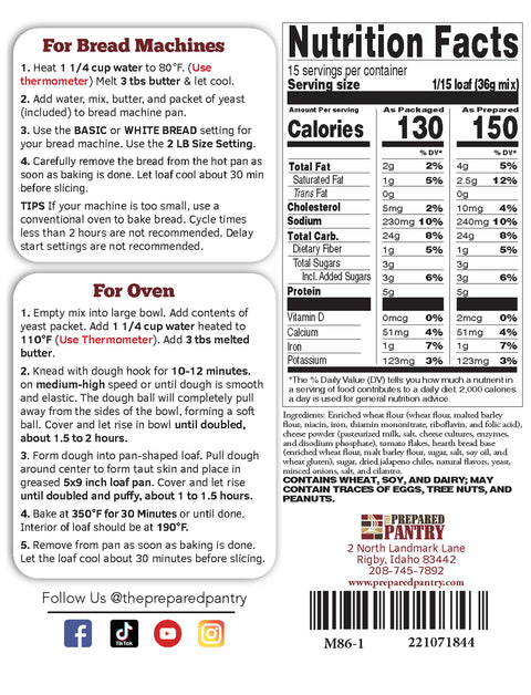 The Prepared Pantry Cheesy Salsa Gourmet Bread Mix Nutrition Facts