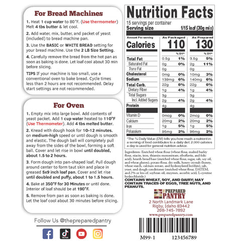 The Prepared Pantry Honey Potato Bread Mix Back Label